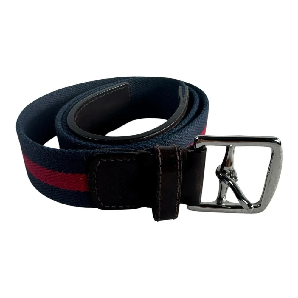 Coach Mens 5919 Striped Canvas Leather Belt Navy Red Brown Size 38 95cm